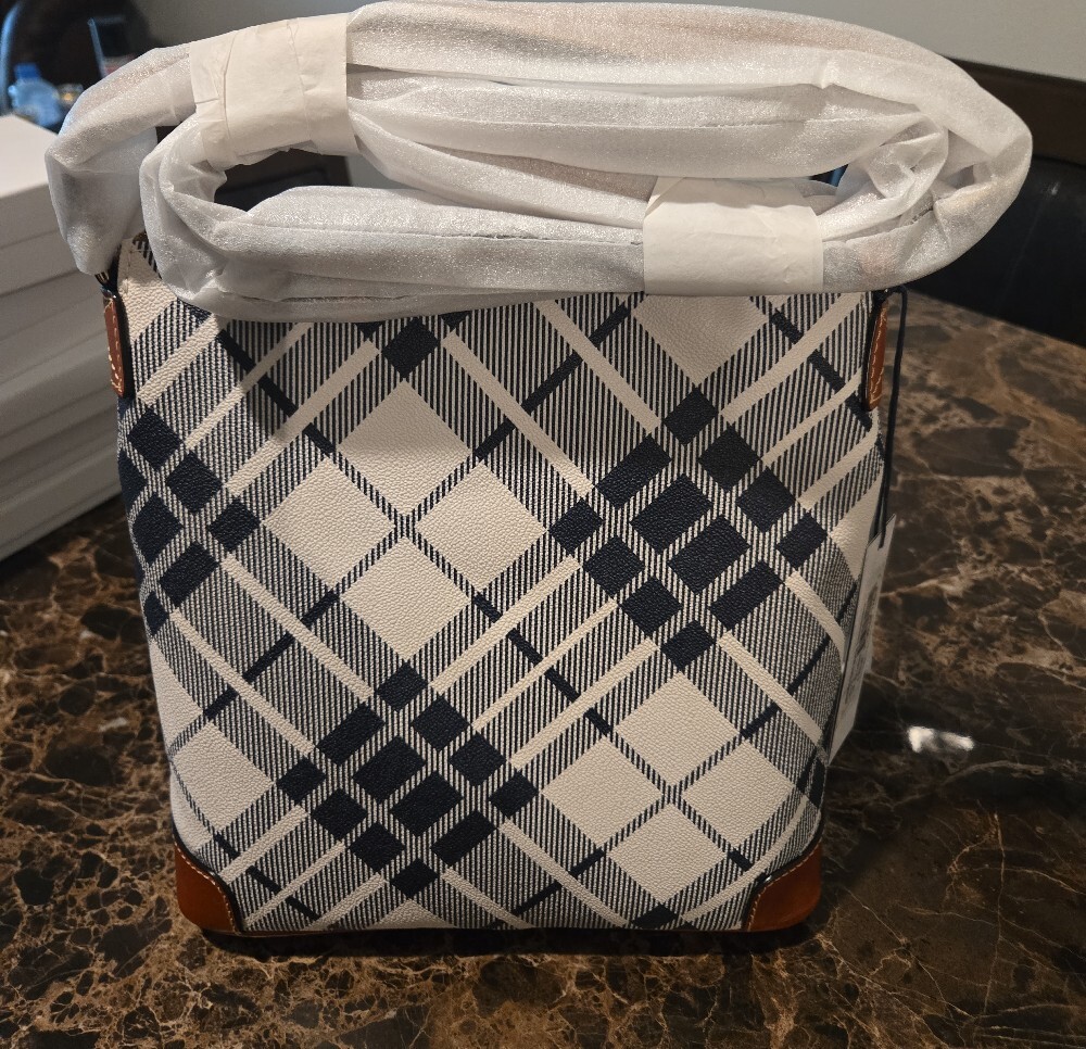 Dooney & Bourke Navy and White Plaid Crossbody with Brown Trim - Picture 2 of 3